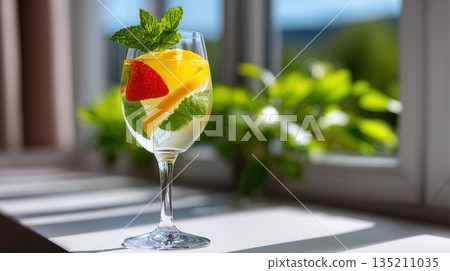 Refreshing Fruit Cocktail in a Glass with Mint Leaves Refreshing Fruit Cocktail in a Glass with Mint Leaves 135211035
