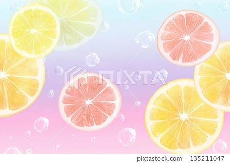 Colorful Citrus Slices with Bubbles on Gradient Background Colorful Citrus Slices with Bubbles on Gradient Background 135211047