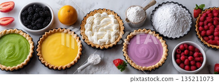 Colorful Assortment of Fruit Cream Pies on Table Colorful Assortment of Fruit Cream Pies on Table 135211073