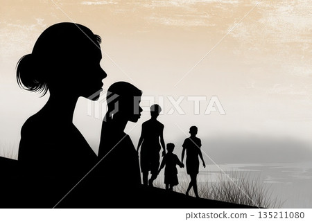 Silhouettes of Family Walking Together at Sunset Silhouettes of Family Walking Together at Sunset 135211080