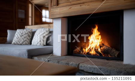 Cozy Living Room with Fireplace and Comfortable Sofa 135211091