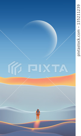 Futuristic desert background with blue sky and planet 135211239