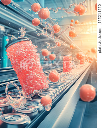 Producing colorful beverages in modern factory. 3D Illustrations. AI Generated. 135211250