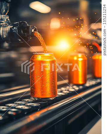 Producing colorful beverages in modern factory. 3D Illustrations. AI Generated. 135211254