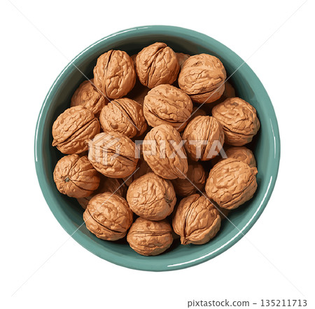 Close-up of whole walnuts in a ceramic bowl, natural healthy snack and cooking ingredient for nutritious recipes 135211713