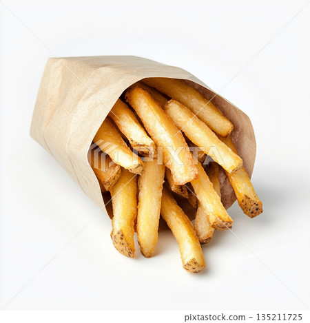 A brown paper bag filled with golden, crispy French fries is shown against a white background. 135211725