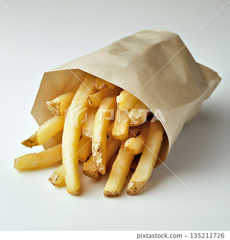 A brown paper bag filled with golden, crispy French fries is shown against a white background. A brown paper bag filled with golden, crispy French fries is shown against a white background. 135211726