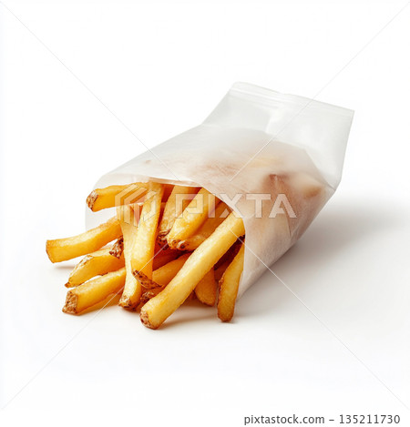 A brown paper bag filled with golden, crispy French fries is shown against a white background. A brown paper bag filled with golden, crispy French fries is shown against a white background. 135211730