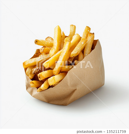 A brown paper bag filled with golden, crispy French fries is shown against a white background. A brown paper bag filled with golden, crispy French fries is shown against a white background. 135211739