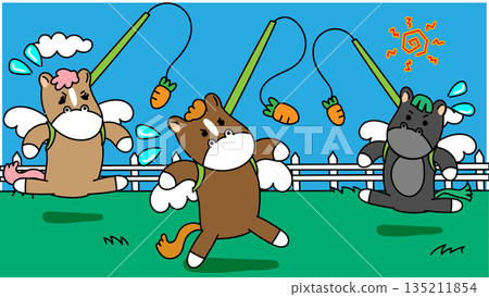 Illustration of working horses running desperately in pursuit of their goal Illustration of working horses running desperately in pursuit of their goal 135211854