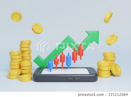 3D Smartphone with Bull Market Stock Chart and Floating Money Bags 3D Smartphone with Bull Market Stock Chart and Floating Money Bags 135212084