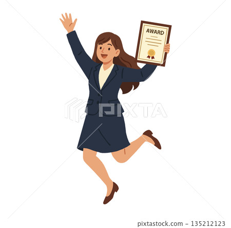 An illustration of a businesswoman holding an award. 135212123