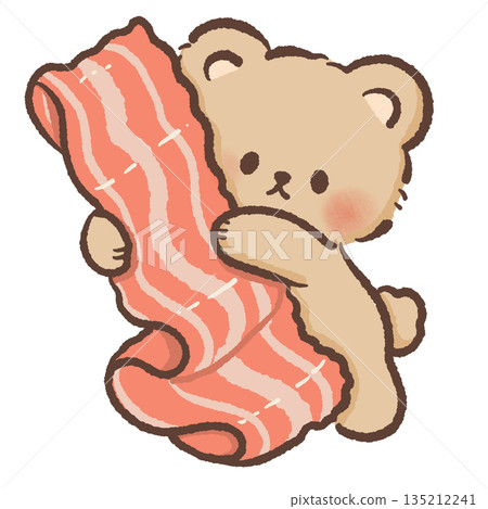Cute teddy bear character hugging a giant strip of crispy breakfast bacon hand drawn watercolor style food illustration for kitchen art cafe menus and funny morning themes 135212241