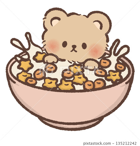 Cute teddy bear character sitting in a pink bowl of star cereal with milk splashes hand drawn watercolor style breakfast illustration for nursery decor and kids food branding Cute teddy bear character sitting in a pink bowl of star cereal with milk splashes hand drawn watercolor style breakfast illustration for nursery decor and kids food branding 135212242