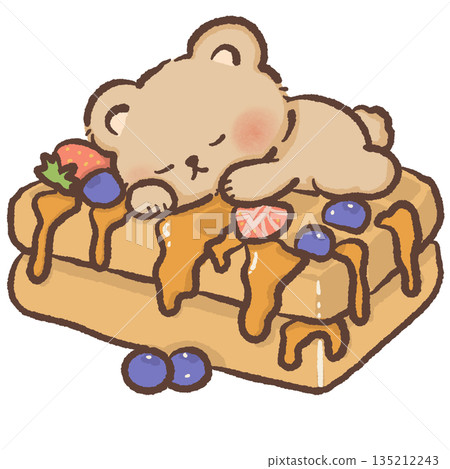 Cute teddy bear sleeping on a stack of waffles with syrup and berries hand drawn watercolor style cozy breakfast illustration for nursery wall art and sweet food cafe decor Cute teddy bear sleeping on a stack of waffles with syrup and berries hand drawn watercolor style cozy breakfast illustration for nursery wall art and sweet food cafe decor 135212243