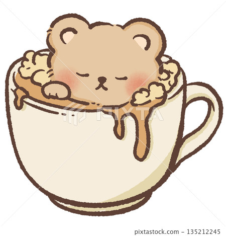 Cute teddy bear character sitting inside a white coffee cup with frothy latte art hand drawn watercolor style morning beverage illustration for cafe branding and nursery decor 135212245