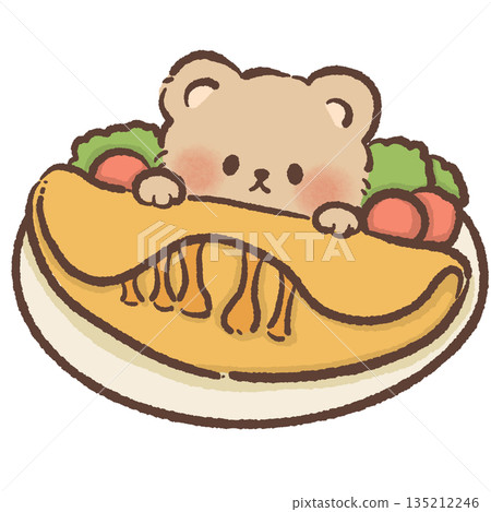 Cute teddy bear character hiding behind a large breakfast omelet with garnish hand drawn watercolor style egg dish illustration for kitchen decor cafe menus and nursery art Cute teddy bear character hiding behind a large breakfast omelet with garnish hand drawn watercolor style egg dish illustration for kitchen decor cafe menus and nursery art 135212246