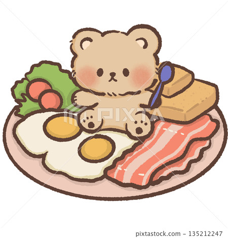 Cute teddy bear character with a full breakfast plate of eggs bacon and toast hand drawn watercolor style morning meal illustration for cafe branding and kitchen wall art Cute teddy bear character with a full breakfast plate of eggs bacon and toast hand drawn watercolor style morning meal illustration for cafe branding and kitchen wall art 135212247