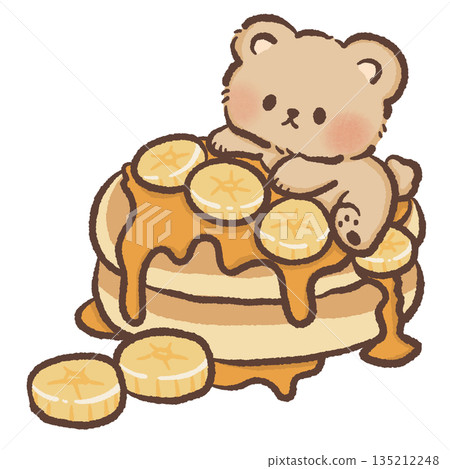 Cute teddy bear sitting on a stack of banana pancakes with maple syrup hand drawn watercolor style breakfast food illustration for nursery wall art and children cafe menu design Cute teddy bear sitting on a stack of banana pancakes with maple syrup hand drawn watercolor style breakfast food illustration for nursery wall art and children cafe menu design 135212248