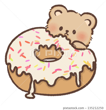 Cute teddy bear character biting a large white frosted donut with colorful sprinkles hand drawn watercolor style sweet pastry illustration for bakery decor and nursery wall art 135212250