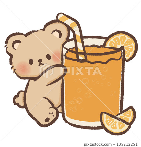 Cute teddy bear hugging a large glass of orange juice with a straw and citrus slices hand drawn watercolor style healthy drink illustration for kitchen decor and cafe menus Cute teddy bear hugging a large glass of orange juice with a straw and citrus slices hand drawn watercolor style healthy drink illustration for kitchen decor and cafe menus 135212251