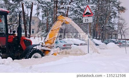 Snowplows clear the roadway from snow drifts to facilitate the passage of cars and buses around the city during snowfalls. special equipment clears snow from the roadway Snowplows clear the roadway from snow drifts to facilitate the passage of cars and buses around the city during snowfalls. special equipment clears snow from the roadway 135212506