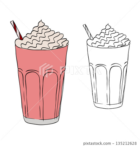Milk shake Isolated hand drawn illustration. Vector graphic line ink colored art. Silhouette sign for logo, print, comics, fashion, pop art, boards, design, stickers, decoration, posters 135212628