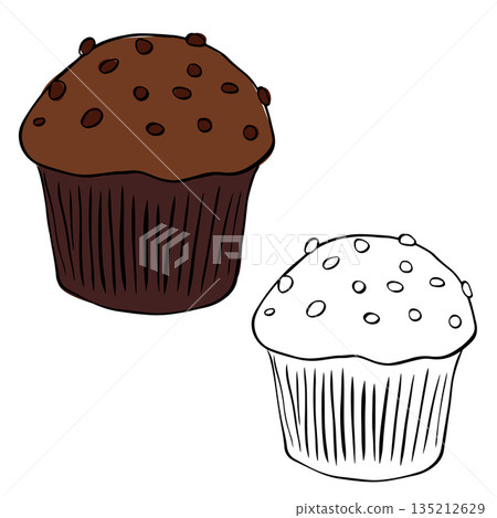 Muffins with chocolate topping. Isolated hand drawn illustration. Vector graphic line ink colored art. background for banners, print for fabric, labels, t-shirt printing. Muffins with chocolate topping. Isolated hand drawn illustration. Vector graphic line ink colored art. background for banners, print for fabric, labels, t-shirt printing. 135212629