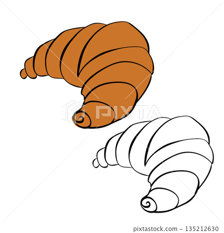 Delicious golden croissant icon Isolated hand drawn illustration. Vector graphic line ink colored art. Sample poster, invitation, holiday banner, for cooking, condiment and culinary ingredient Delicious golden croissant icon Isolated hand drawn illustration. Vector graphic line ink colored art. Sample poster, invitation, holiday banner, for cooking, condiment and culinary ingredient 135212630