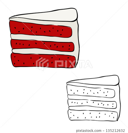 Red velvet cake Isolated hand drawn illustration. Vector graphic line ink colored art. Banner, poster, wrapping paper, sticker, print, modern textile design. Red velvet cake Isolated hand drawn illustration. Vector graphic line ink colored art. Banner, poster, wrapping paper, sticker, print, modern textile design. 135212632