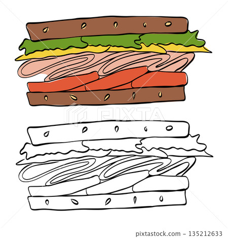 A delicious and classic multi-layered club sandwich with ham, cheese, lettuce, and tomato, served on toasted bread. Isolated hand drawn illustration. Vector graphic line ink colored art. A delicious and classic multi-layered club sandwich with ham, cheese, lettuce, and tomato, served on toasted bread. Isolated hand drawn illustration. Vector graphic line ink colored art. 135212633