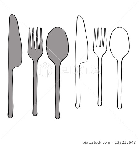 Fork, knife, and spoon, Isolated hand drawn illustration. Vector graphic line ink colored art. Represents cutlery, dining, and food service with clean design. For logo, web, package, sticker. 135212648
