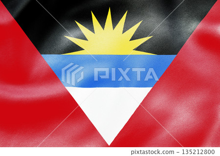 Antigua and Barbuda national flag with rising sun and tricolor design. 135212800