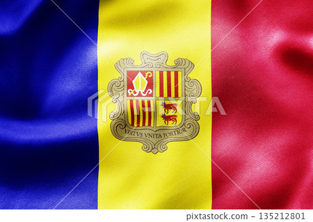 Andorra national flag with blue yellow red stripes and coat of arms. Andorra national flag with blue yellow red stripes and coat of arms. 135212801
