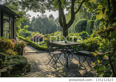 Garden with benches. Generative AI 135212823