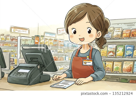 Illustration of a female staff member working at the cash register at a convenience store 135212924