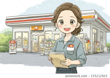 Illustration of a female staff member giving instructions at a convenience store Illustration of a female staff member giving instructions at a convenience store 135212925