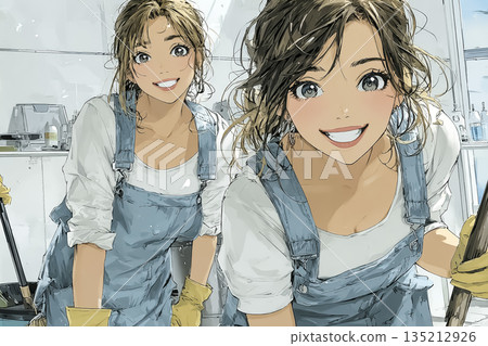 Illustration of female staff cleaning before opening a hair salon 135212926