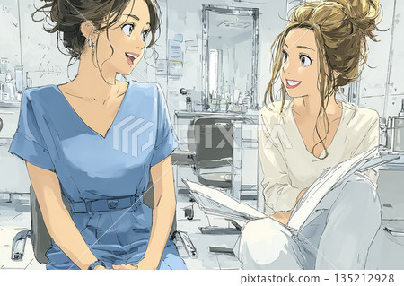 Illustration of a female staff member and female customer consulting about hairstyles at a beauty salon 135212928