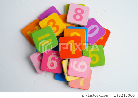 Number wood block cubes for learning Mathematic, education math concept. Number wood block cubes for learning Mathematic, education math concept. 135213066