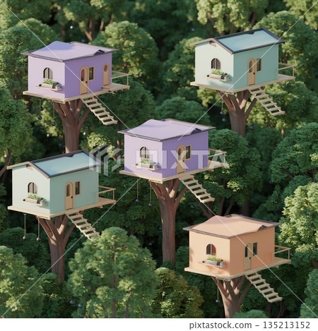 Colorful tree houses built on tall trees in a lush forest surrounded by green foliage 135213152