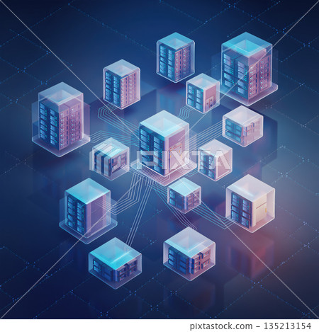 Network of digital servers linked by wires in a modern design representing data exchange and technology Network of digital servers linked by wires in a modern design representing data exchange and technology 135213154