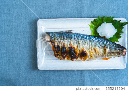 Grilled salted mackerel with grated daikon radish Grilled salted mackerel with grated daikon radish 135213204