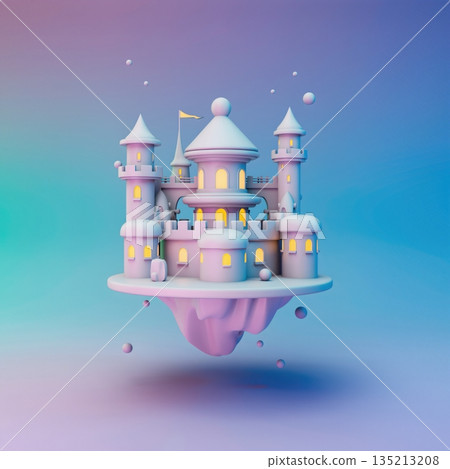 Fantasy castle floats in the air with towers and lights during a sunset sky in digital art 135213208
