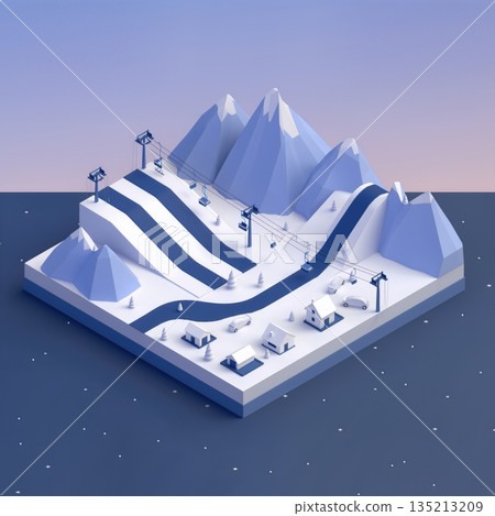 Ski resort scene on a snowy mountain showing gondolas, slopes, and houses in a winter landscape during the evening 135213209