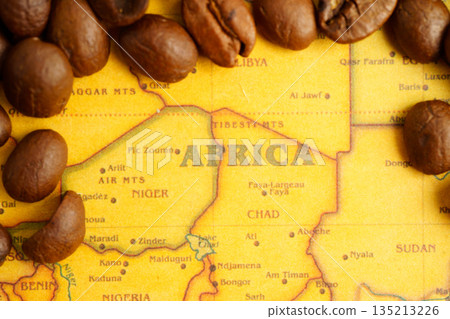 Bangkok, Thailand March 12, 2023 Coffee bean on world map, shopping online for export or import. 135213226