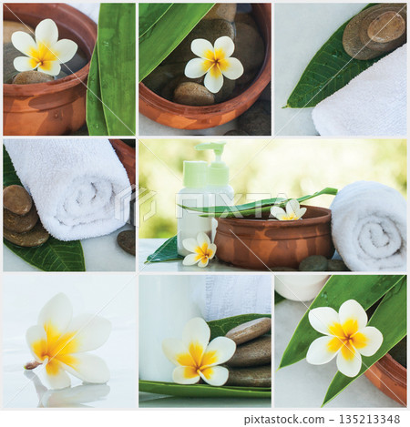 Green and white spa collage. Flowers, green leaf, white towel, cosmetic products and bottle 135213348
