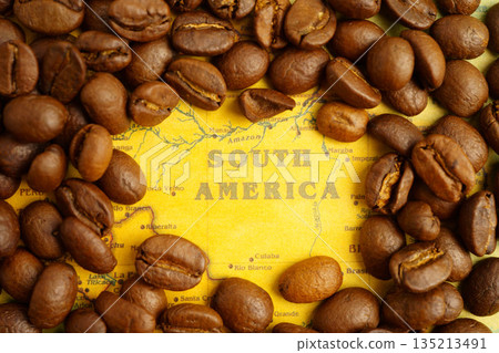 Bangkok, Thailand March 12, 2023 Coffee bean on world map, shopping online for export or import. 135213491