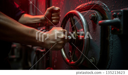 Water rushes in as an officer struggles to control a wheel on a submarine. The flooding creates urgent situations and challenges in managing the crisis. 135213623