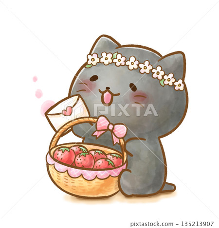 Watercolor illustration of a black cat carrying a strawberry gift and a basket and delivering a letter 135213907